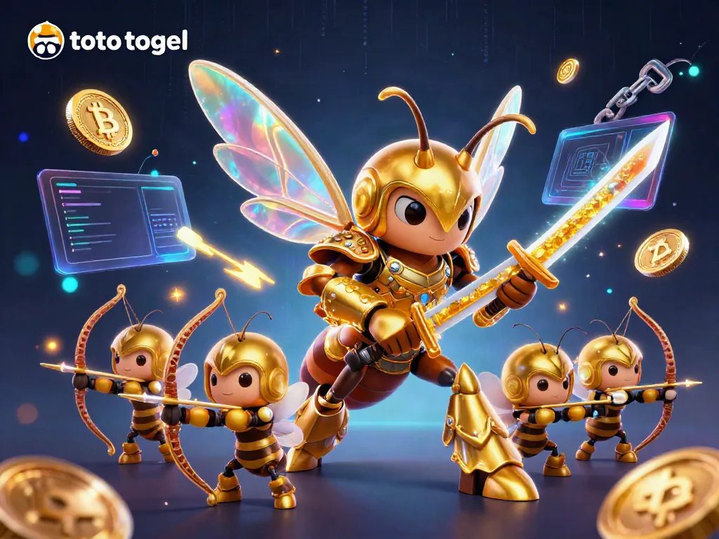 Engage in thrilling toto togel excitement with a golden hornet samurai and bee archers amidst dynamic neon elements