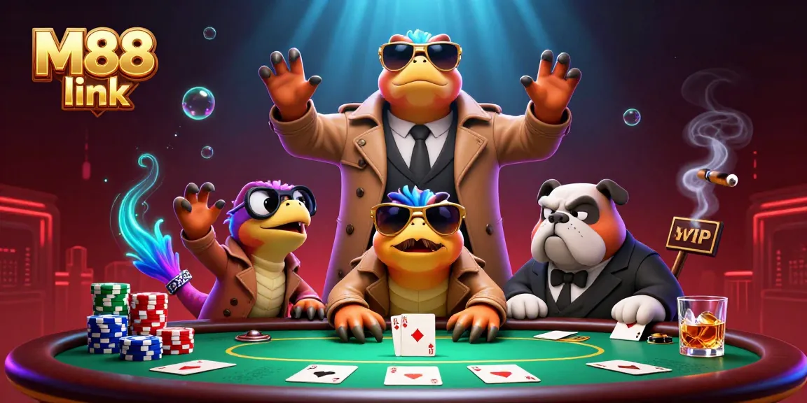 Experience thrilling gameplay at M88 link with cartoon raptors in a trench coat at a VIP casino lounge.