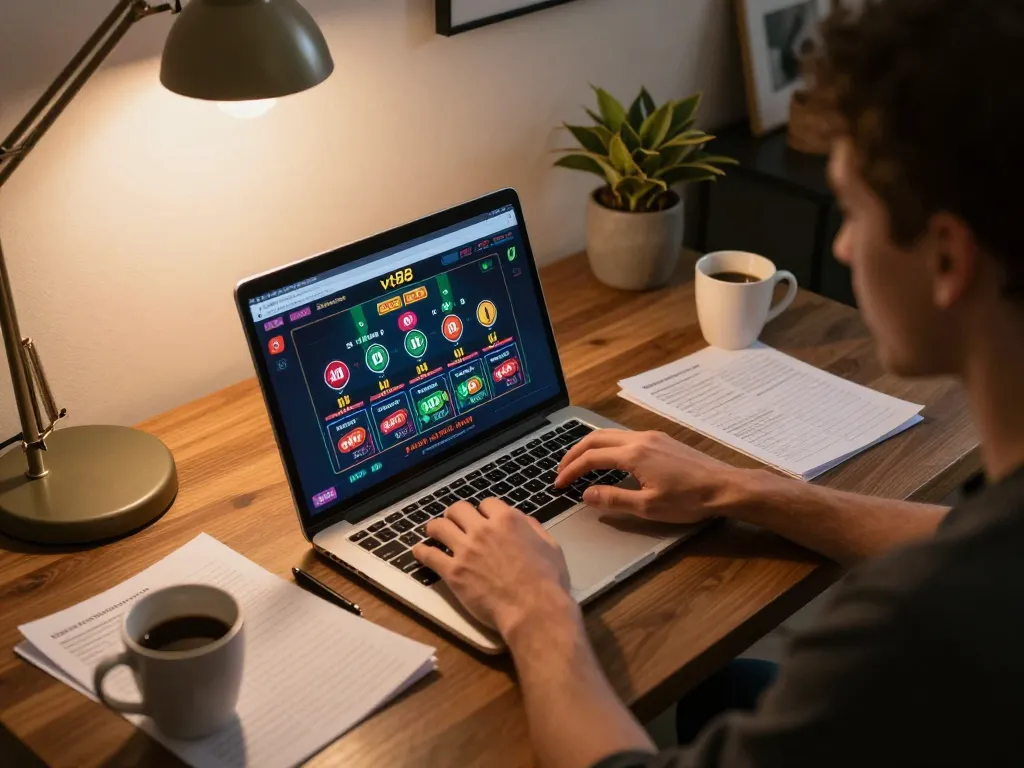 Experience responsible betting with vt88 in a cozy online gambling setup featuring live dealer games.
