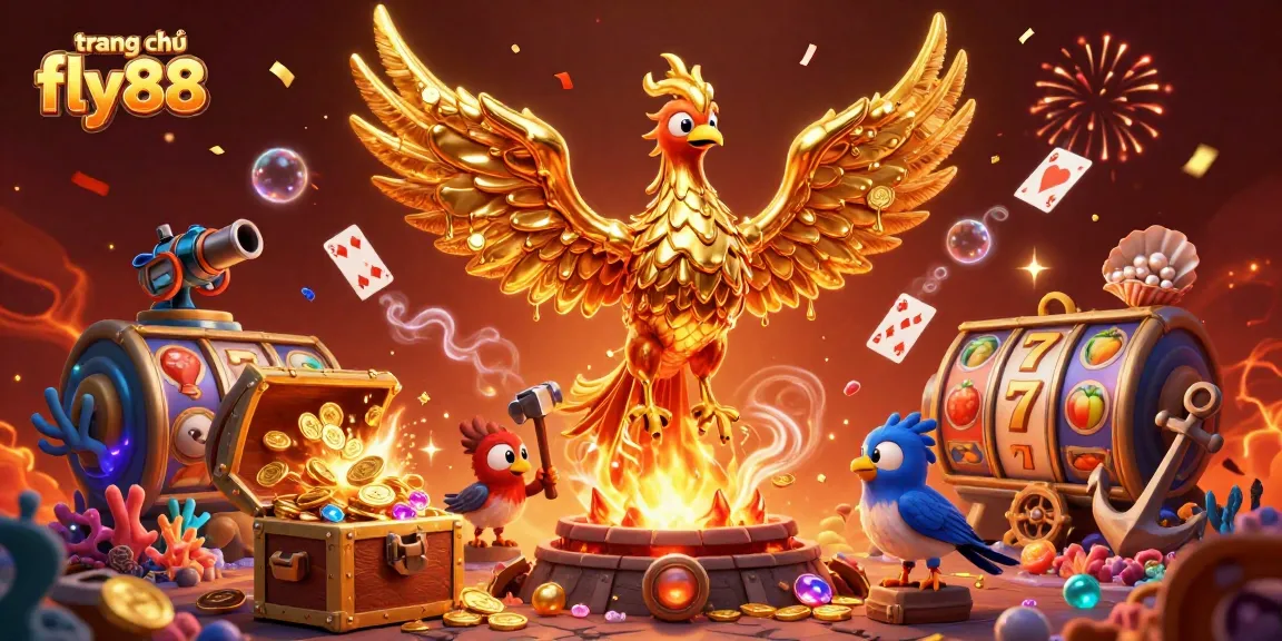 Engage with gaming thrills on trang chủ fly88, featuring a majestic phoenix and gold coin bounty.