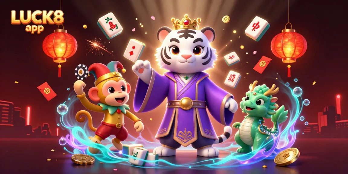Experience the thrilling LUCK8 app in a vibrant 3D casino scene with animated characters.