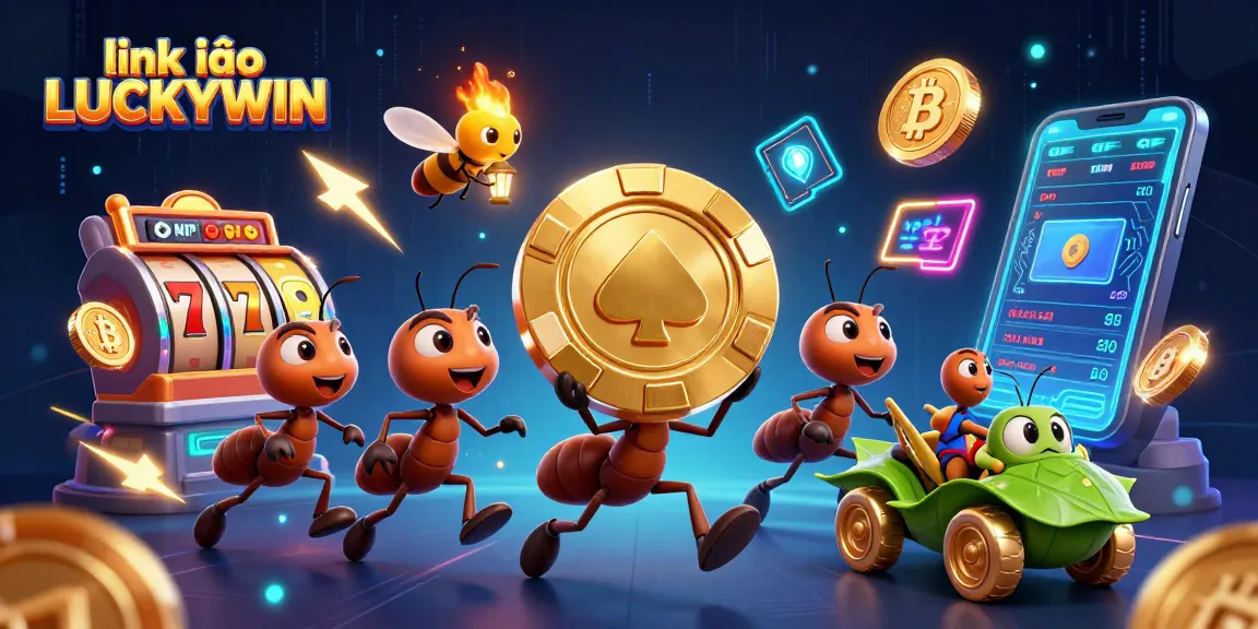Engage with "link vào LUCKYWIN" as ants heist a giant poker chip, adorned with slot games, Bitcoin, and neon effects.