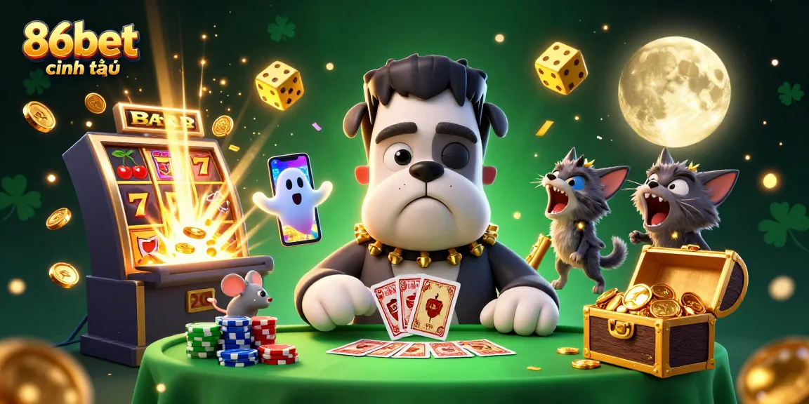 Experience the thrill of 86bet chính thức as a bulldog monster deals cards in a vibrant casino scene.