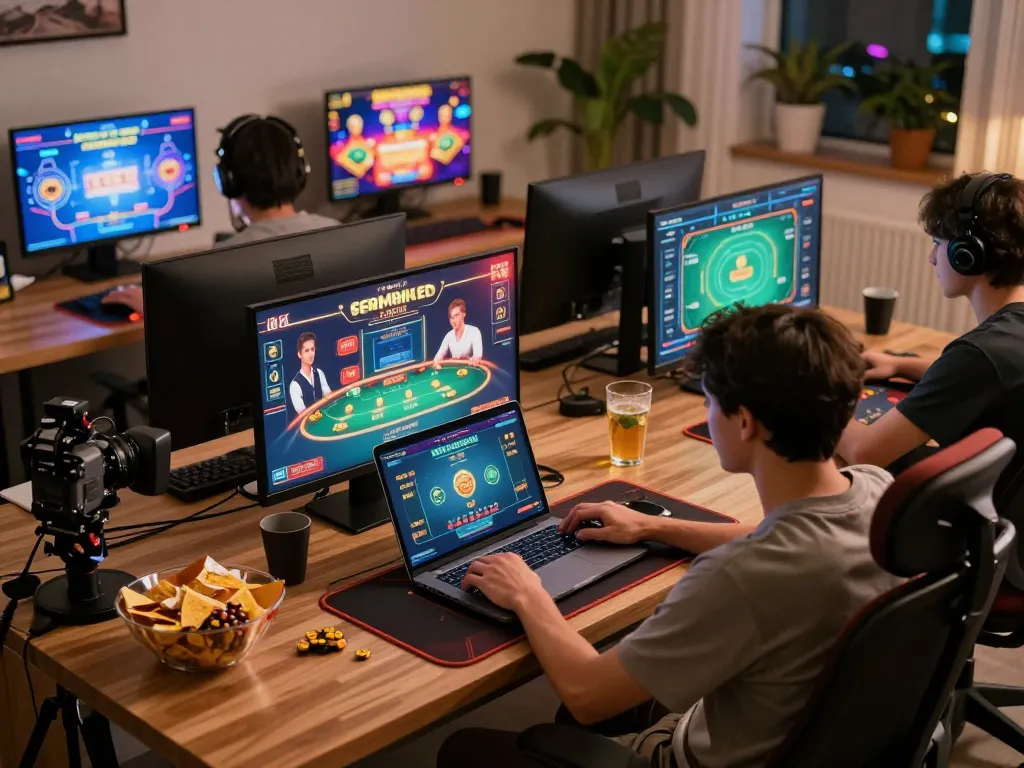 B52 player engages in online poker strategy using a laptop in a cozy home environment