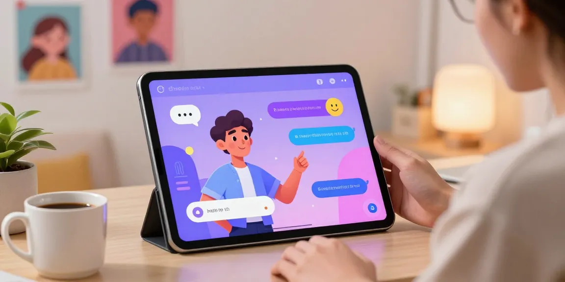 Character AI NSFW chat interaction in a cozy home office environment with user and vibrant digital character.