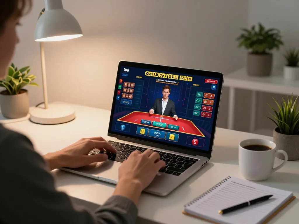 LIGA2000 gaming experience on a laptop in stylish home office with live dealer interface.