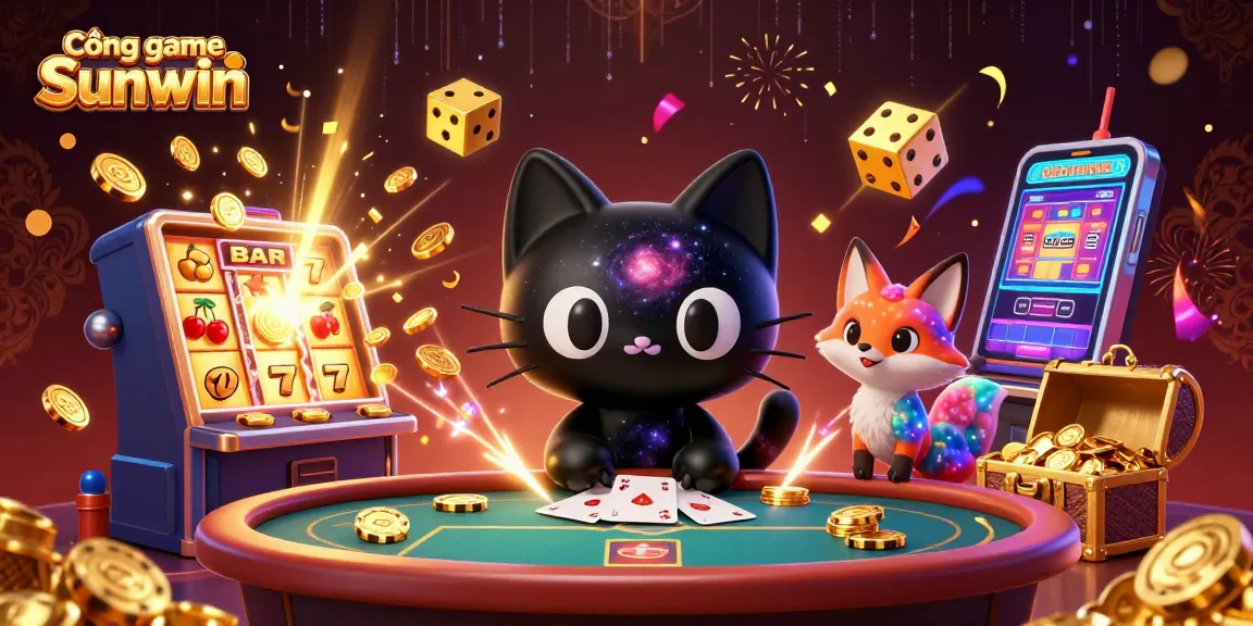 Cổng game Sunwin showcases an impressive cosmic casino scene with vibrant characters pulling in chips, celebrating big wins.
