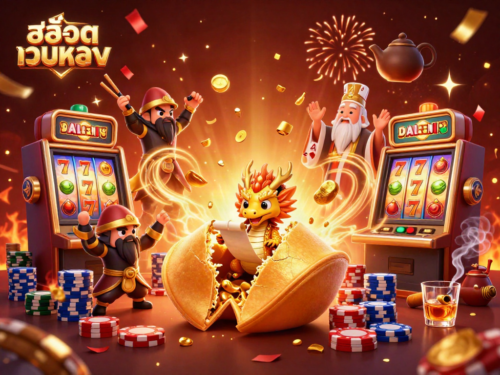 Engage with สล็อตเว็บตรง as a wise dragon reads fortunes in a vibrant casino scene.