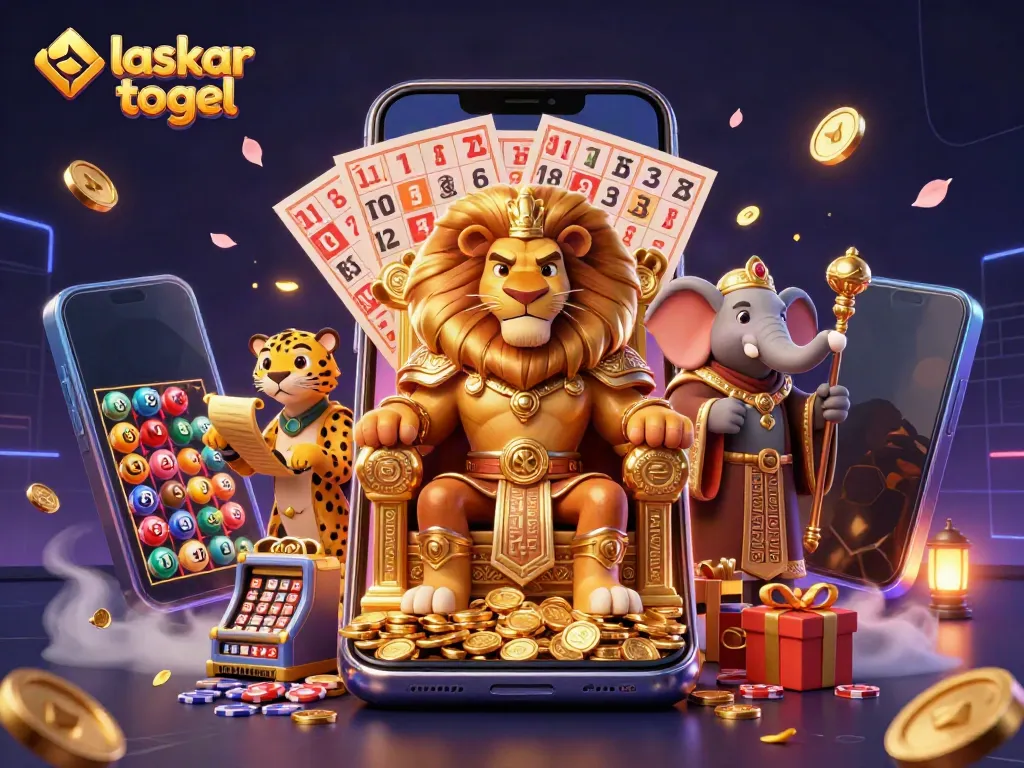 Experience thrilling gameplay with laskar togel showcased by a royal lion king and wise advisor.