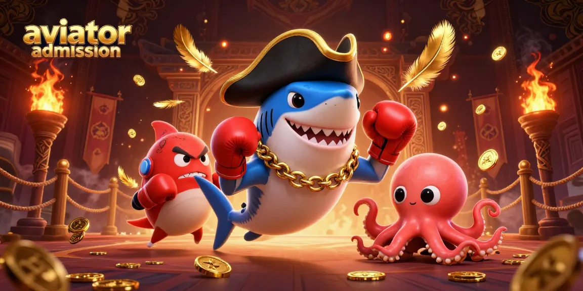Aviator admission game cartoon art with pirate shark, pufferfish, and octopus in an exciting casino setting.