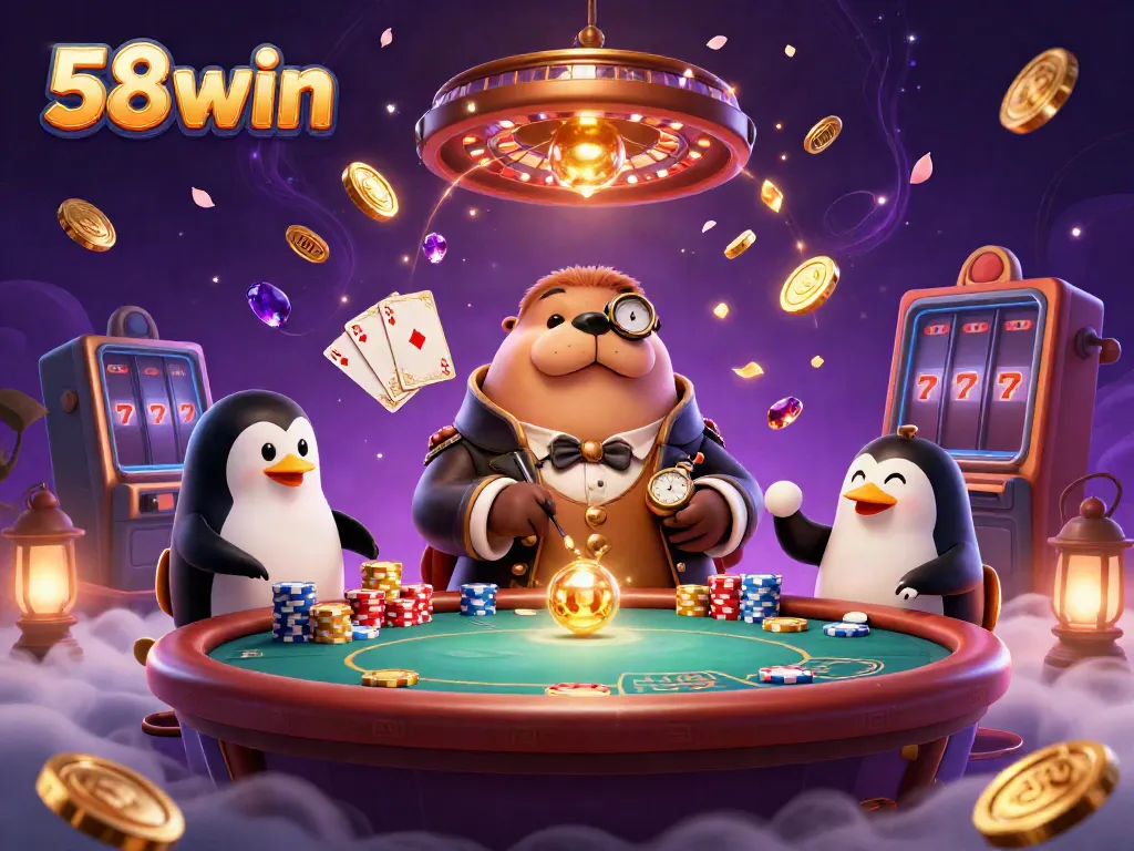 Engage with the exciting gaming world of 58win featuring whimsical characters at a poker table, with vibrant gold coins and playing cards.