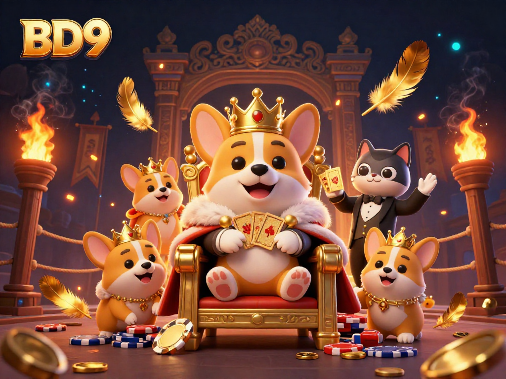 Engage in thrilling gameplay at BD9 with a royal corgi and charming cat butler amidst gold and excitement.