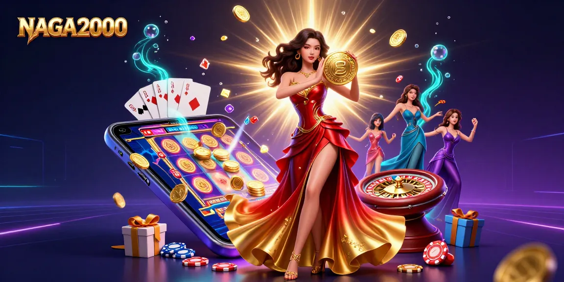 NAGA2000 menawarkan pengalaman slot yang mendebarkan saat koin emas hujan turun di adegan kasino yang cerah ini.