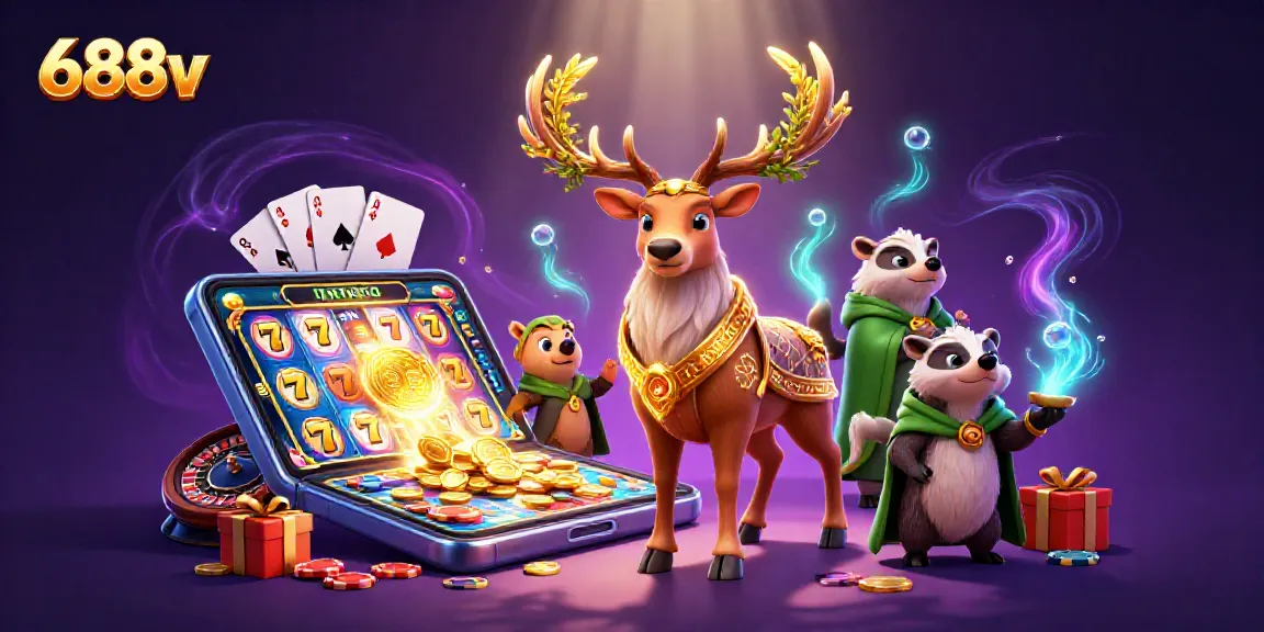 Play vibrant slots games with 688v in a magical casino illustration featuring epic characters.
