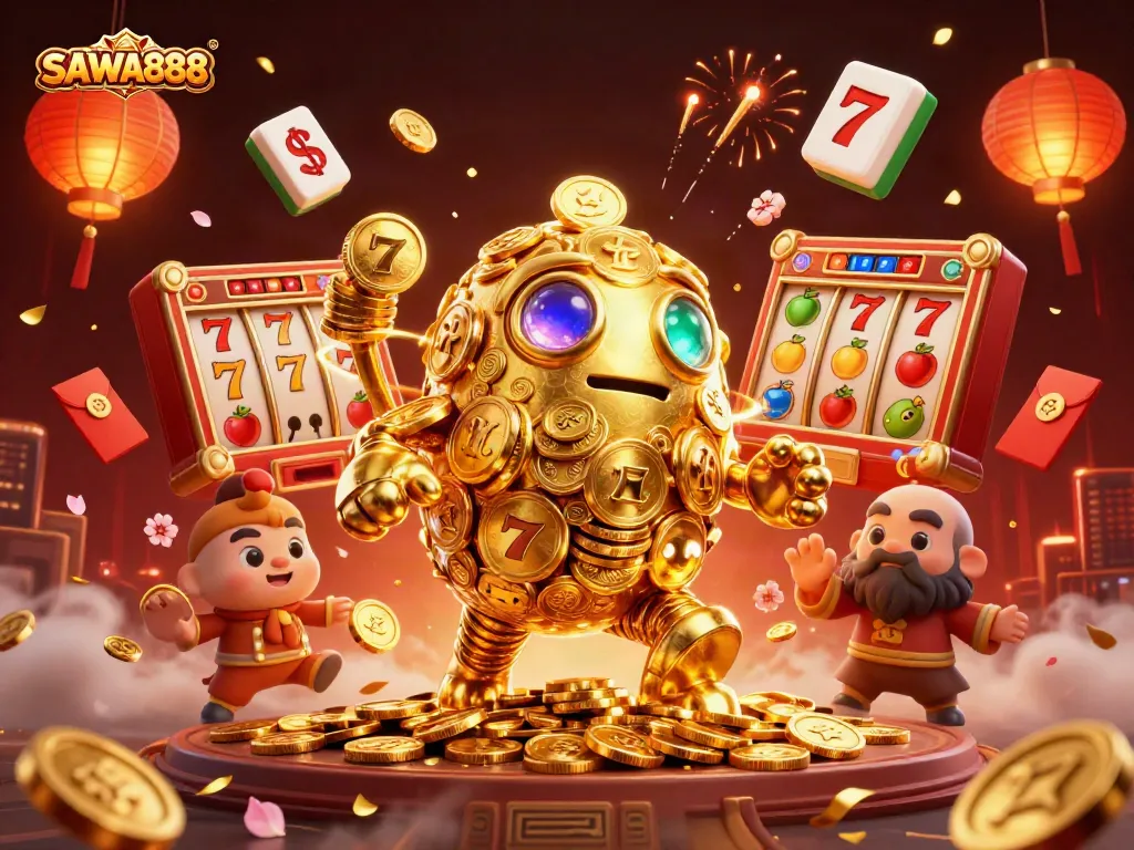 Experience the excitement of SAWA888 with a dynamic golden golem surrounded by vibrant slot elements.