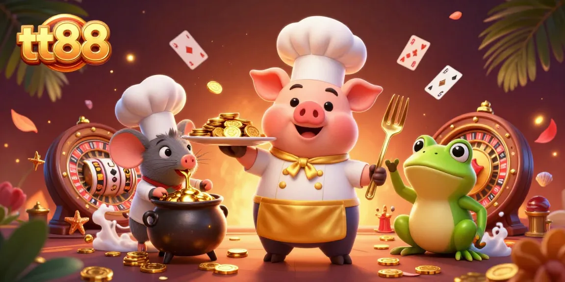 Master tt88 immersion: a chef pig serves gold coins amid lively casino elements.