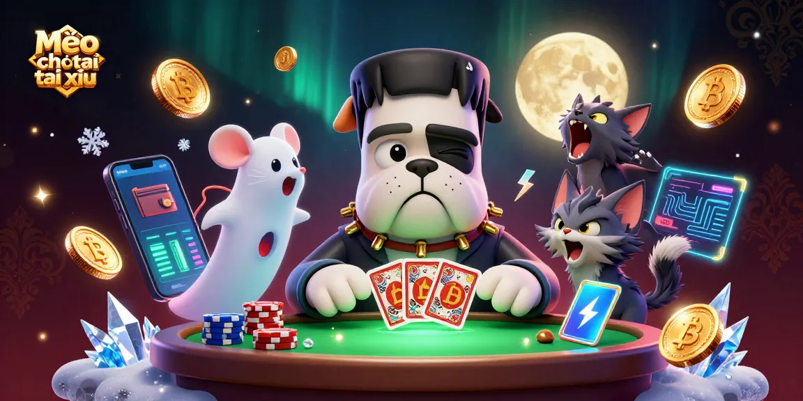 Mẹo chơi tài xỉu illustration showcasing a Frankenstein bulldog and other characters at a casino table.