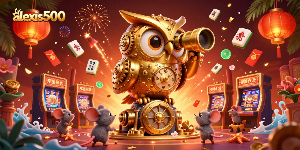 Engage in the exhilarating world of alexis500 as the golden owl watches over bustling casino patrons amid vibrant slot machines and fiery celebrations.