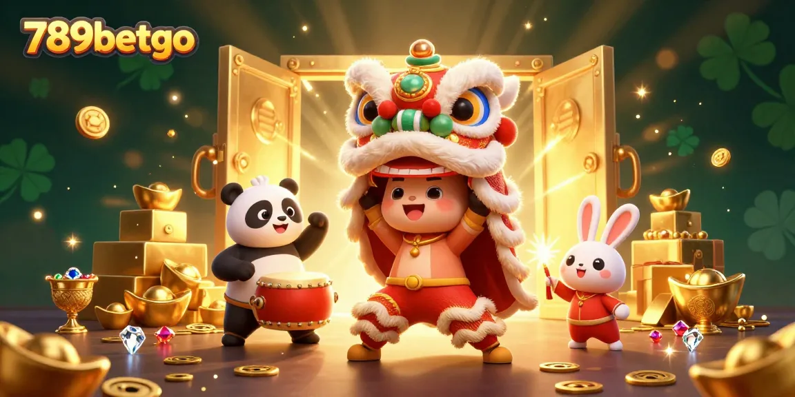 Engage with 789betgo's vibrant casino scene featuring a lion dance, treasures, and festive elements.