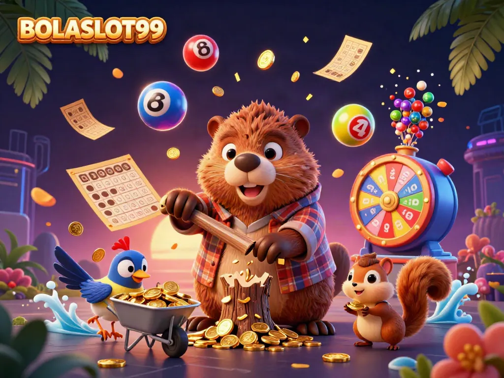BOLASLOT99 showcases a vibrant, animated scene with animated characters celebrating winning coins, surrounded by colorful gambling elements.