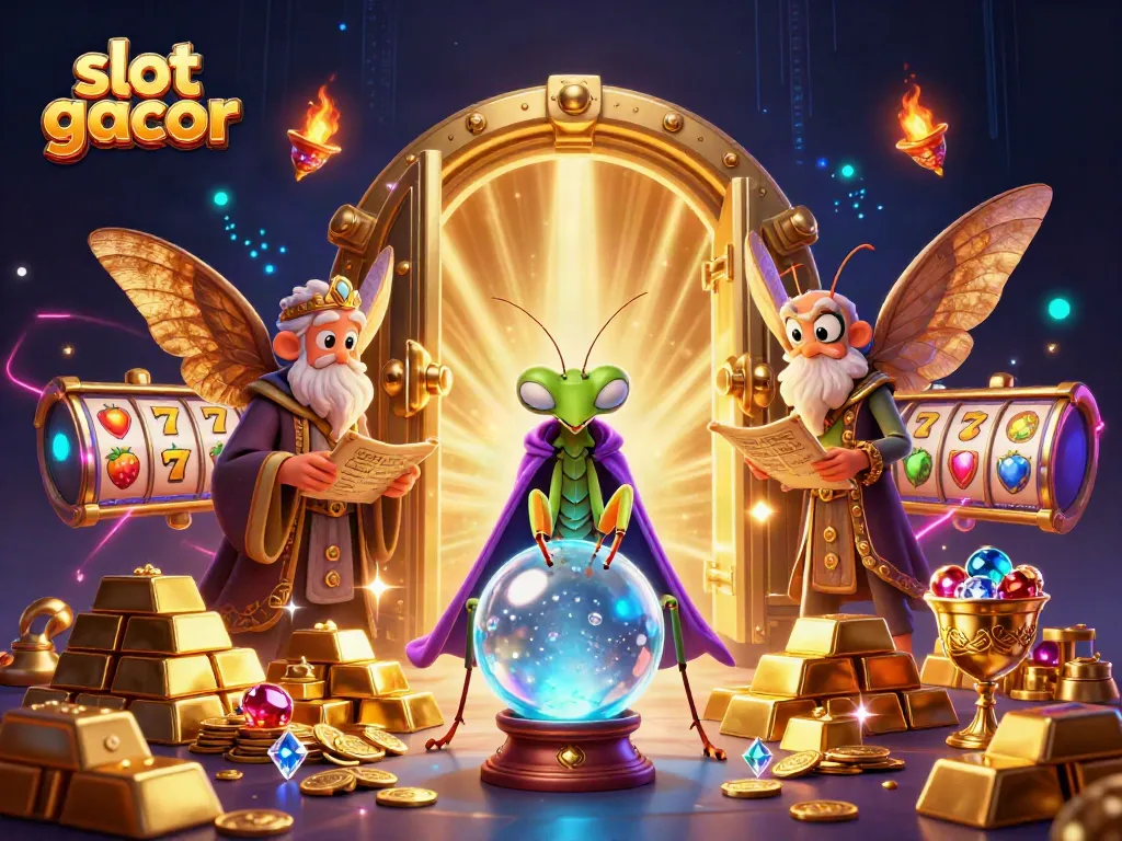 Engage in the excitement of slot gacor with a vibrant 3D scene showcasing mystical characters and lavish treasure.