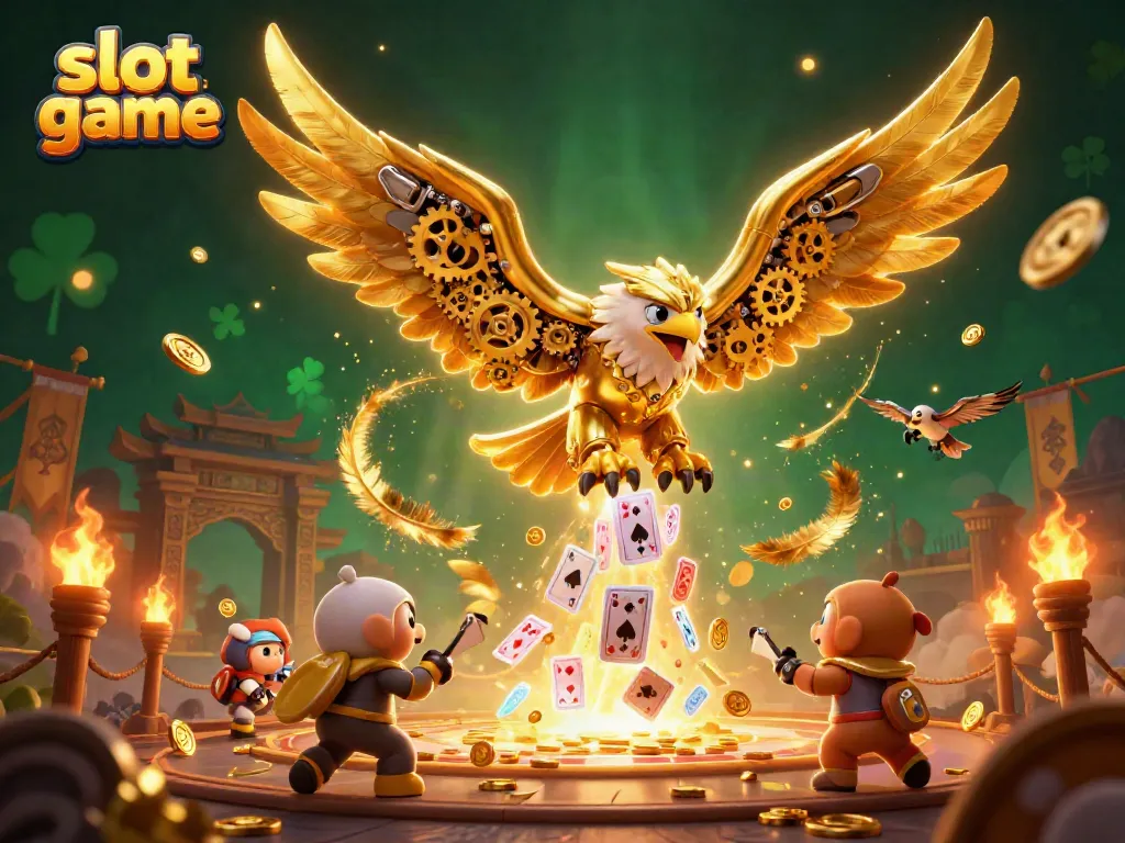 Engage in thrilling slot game adventures with golden eagle character amidst vibrant casino elements.