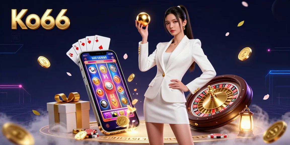 Engage in thrilling games at Ko66 with a stunning casino-inspired illustration showcasing slots and roulette.