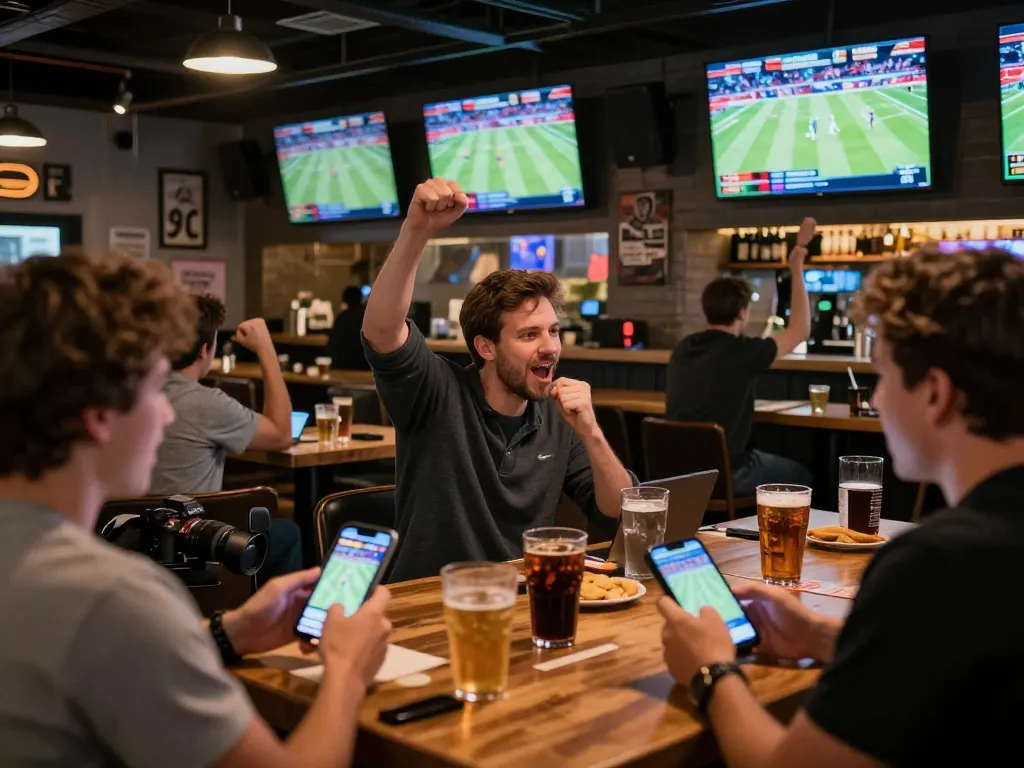 Fans placing live sports bets at https://ko6689.com/ during a thrilling game in a stylish bar.