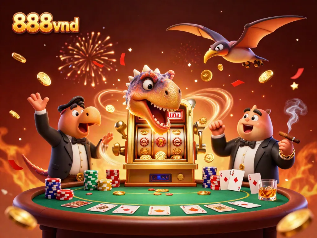 Pachycephalosaurus triumphantly strikes a slot machine while gold coins rain, epitomizing fun at 888vnd casino.
