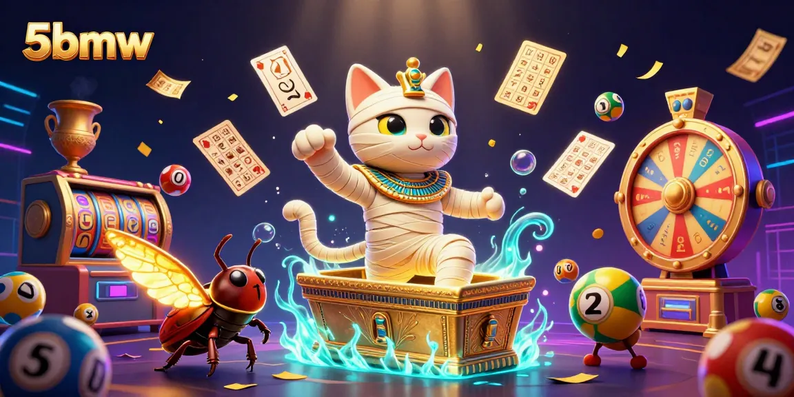 Experience dynamic gaming at 5bmw with vibrant slot reels and colorful lottery balls in animated motion.