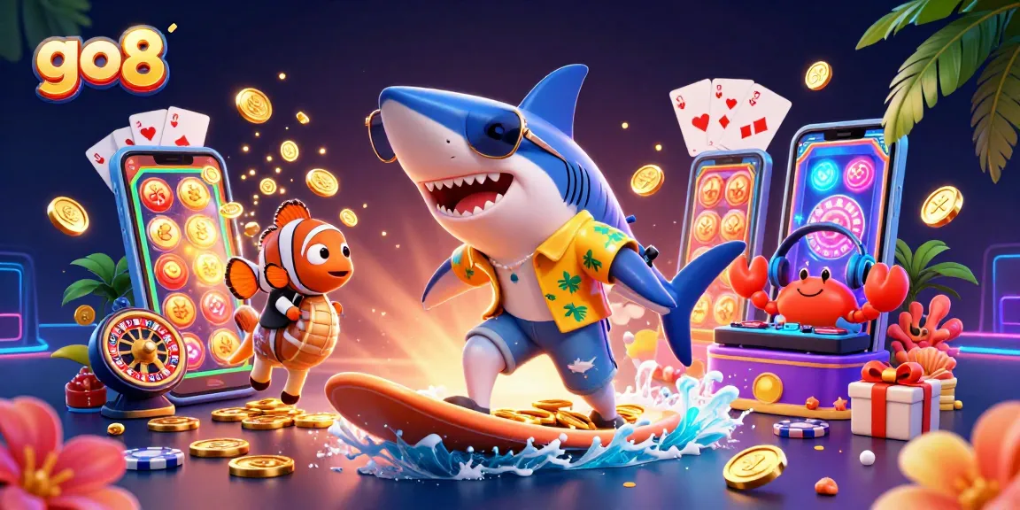 Engage with exciting go8 games, featuring a shark, clownfish, and crab in a casino-themed ocean.