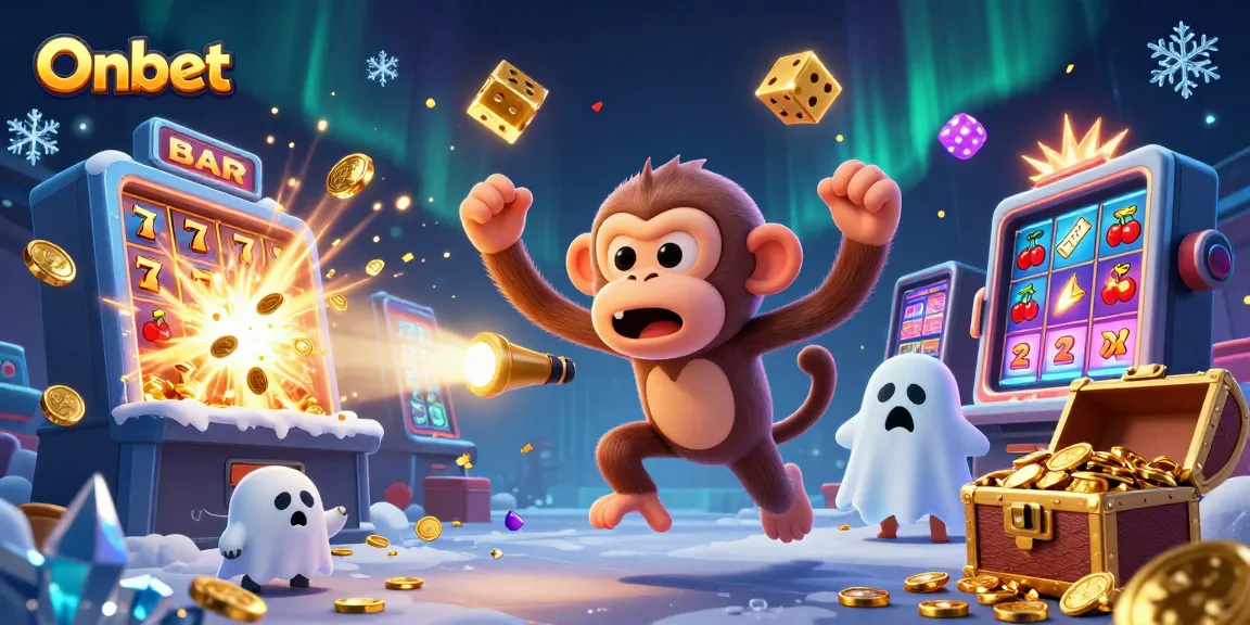 Onbet showcases a lively casino scene with a juggler monkey and a ghost-hunting puppy, capturing the excitement of online gaming.