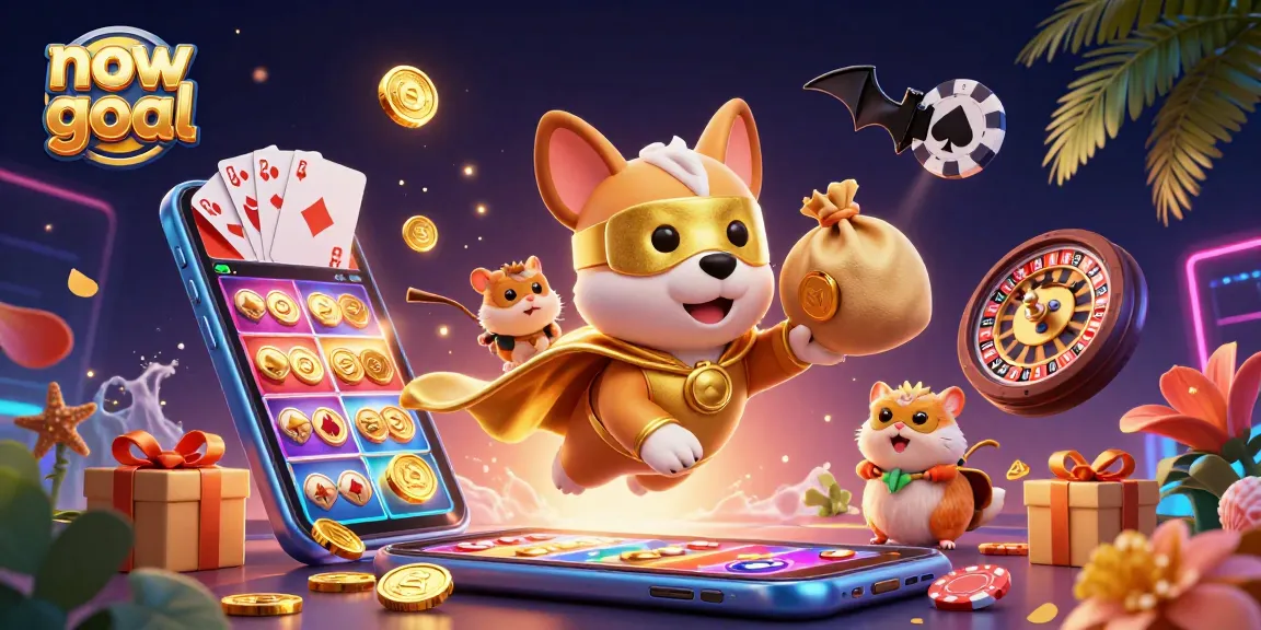 Experience thrilling wins with now goal in a vibrant scene filled with casino games and characters.