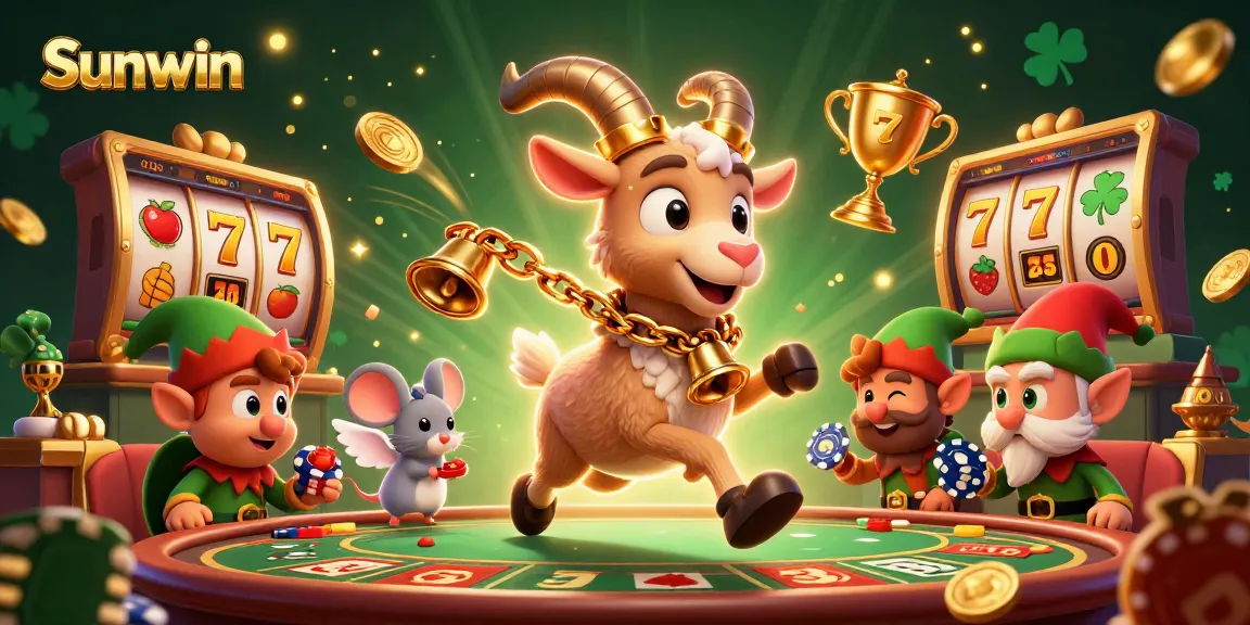 Sunwin casino scene with Krampus goat, angel mouse, and elf gremlins engaging in lively slot gambling.