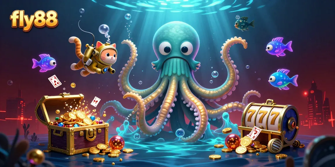 Spin the reels with fly88 featuring a giant kraken, diving cat, and vibrant casino elements.
