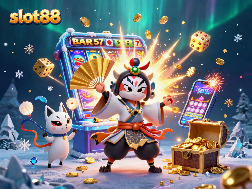 Experience thrilling action with slot88 as a kabuki warrior and kitsune spirit celebrate a jackpot.