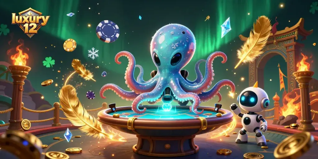 Mainkan slot di luxury 12 dengan ilustrasi alien berwarna-warni dan perangkat permainan holografik.