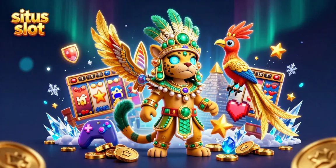 Situs slot dengan karakter jaguar dan burung quetzal dalam ilustrasi kasino penuh warna.