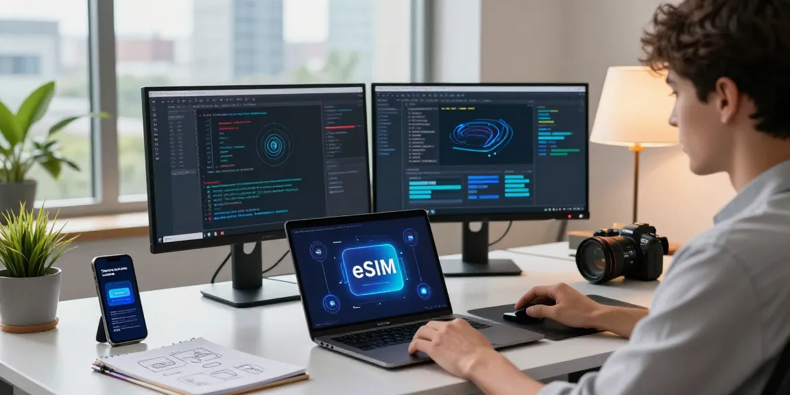 מה זה בעצם eSIM? טכנולוגיית eSIM במשרד מודרני עם מחשבים, טלפון חכם ותצוגות נתונים.