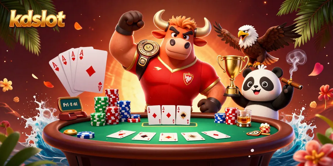 Engage in thrilling gameplay with kdslot featuring a victorious mascot trio in a vibrant casino scene.