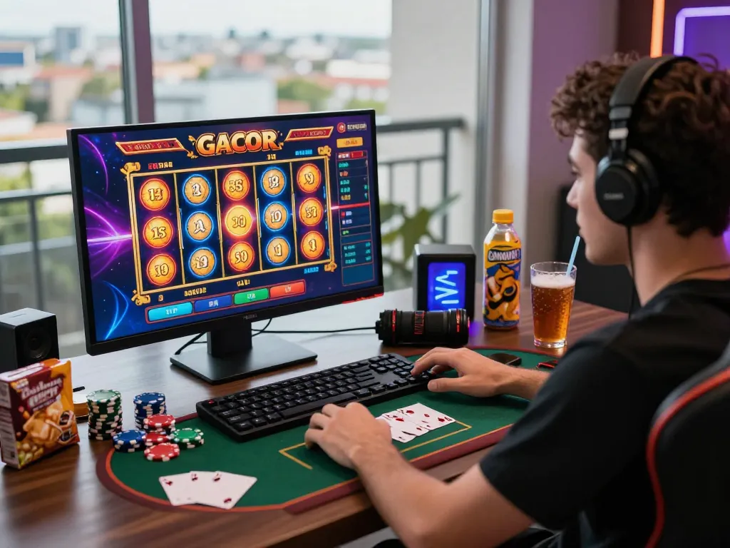 Pemain menikmati permainan slot online gacor di setup desktop yang menarik dengan visual bercahaya dan chip poker.
