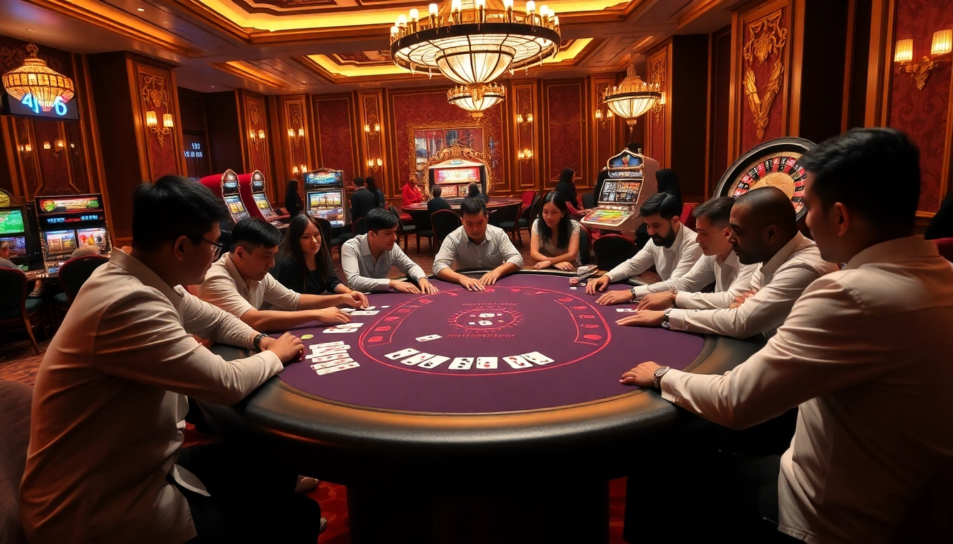 Players engage in a high-stakes poker game at pahala4d, with vibrant casino elements in the background.