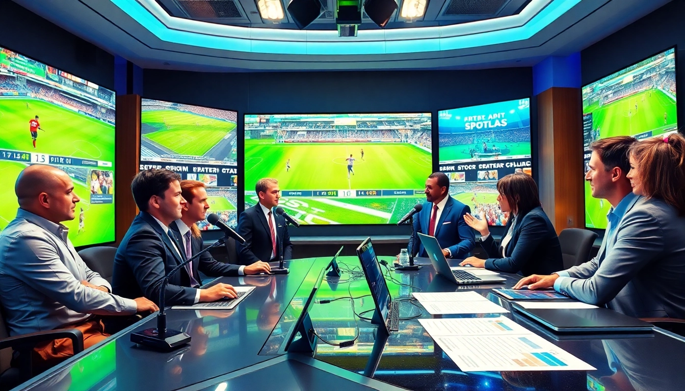 Experience Sports Broadcasting professionals passionately discussing live events in a dynamic studio setting.