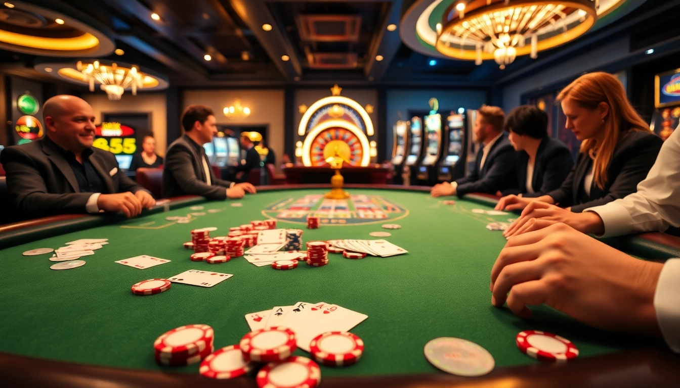 Experience the excitement of KK55 at a luxurious casino poker table with professional gamblers.