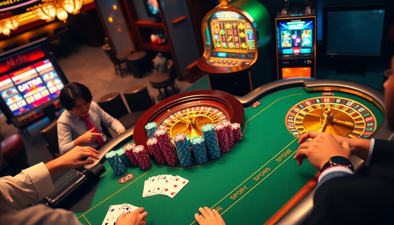 KJC casino scene showcasing a luxurious poker table with vibrant chips and cards in play.