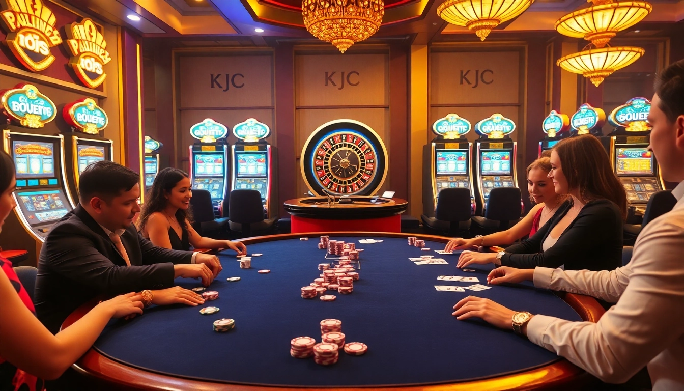KJC players enjoy an exciting game at a professional casino poker table.
