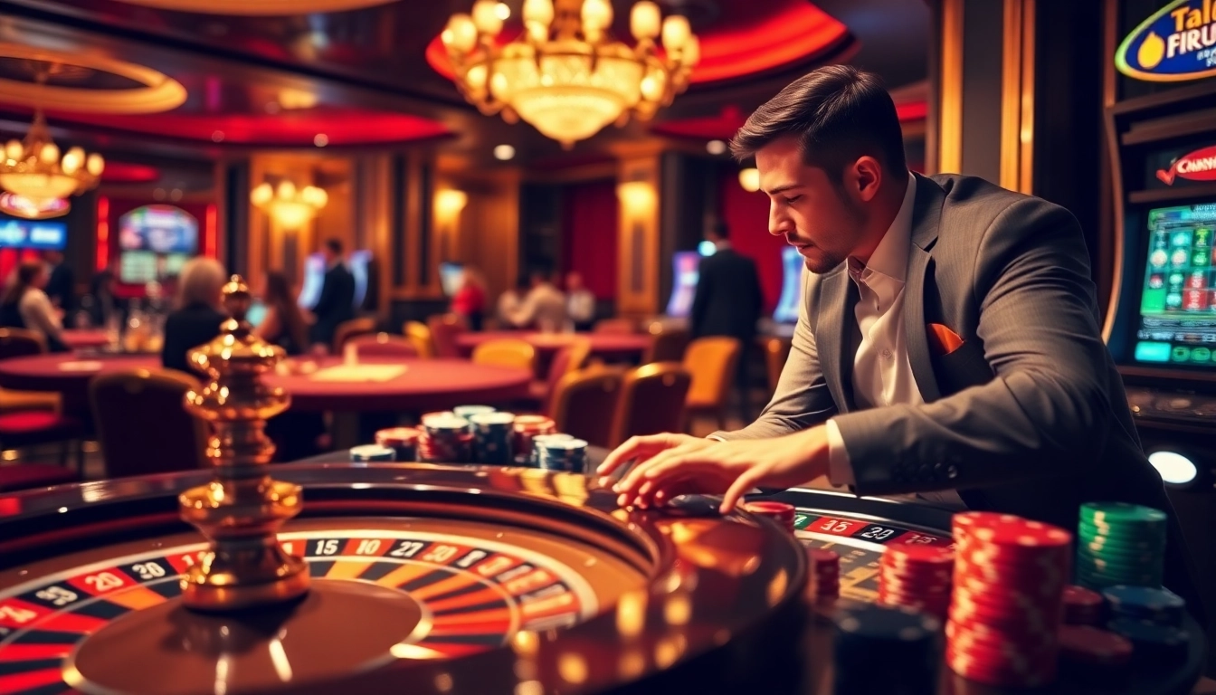 Players enjoying thrilling games at tg88 casino with roulette, poker, and slot machines.