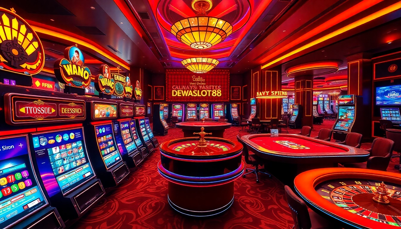 Dewaslot88 casino scene showcasing vibrant slot machines and exciting online gambling atmosphere.