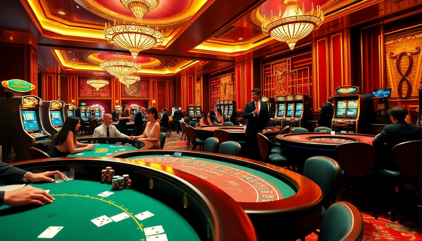 Experience the thrill of nhà cái x88 at a lavish casino with vibrant tables and elaborate gaming setups.